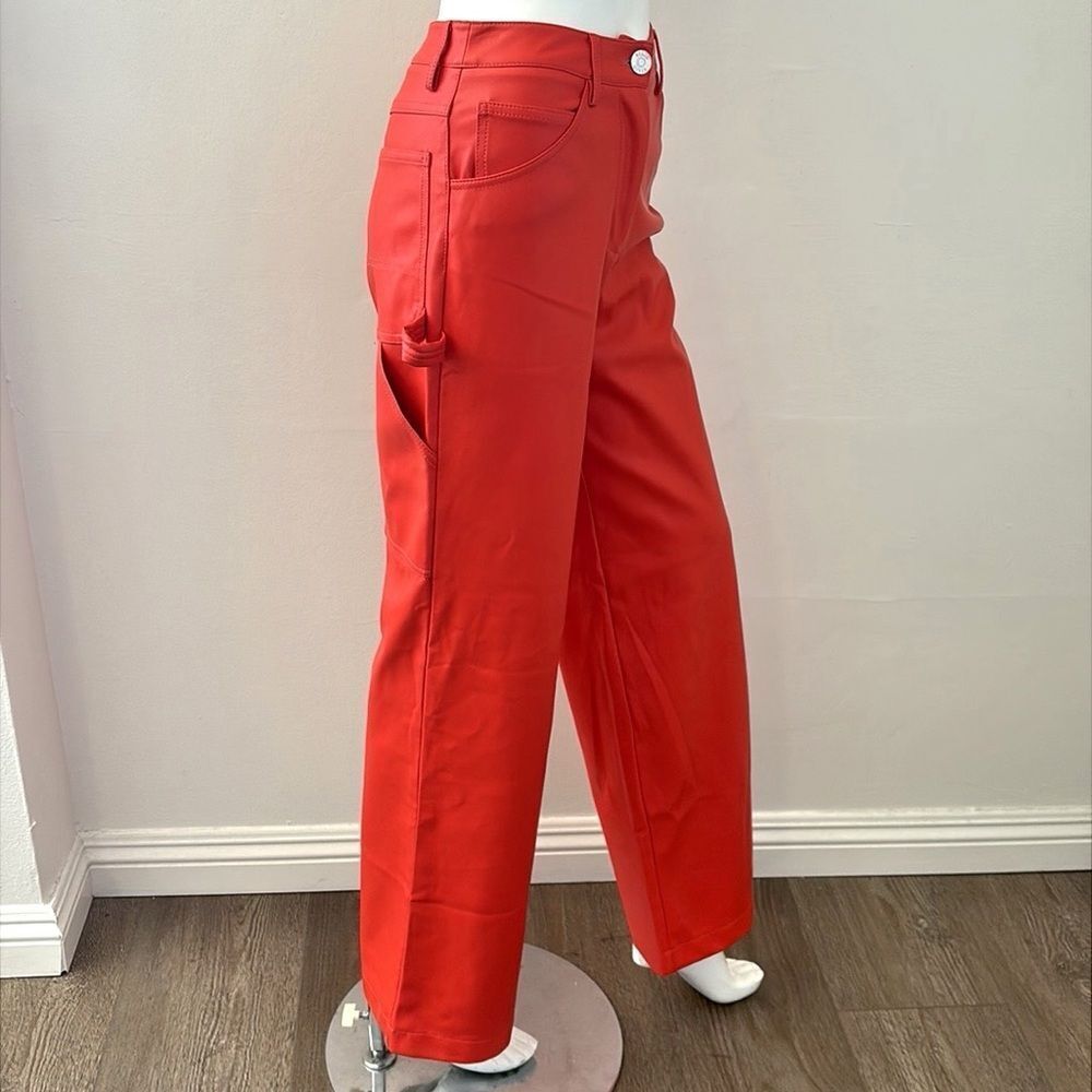 STAUD Cherry Red Vegan Leather Domino Carpenter Pocket Wide Leg Pants Holiday - Picture 2 of 9
